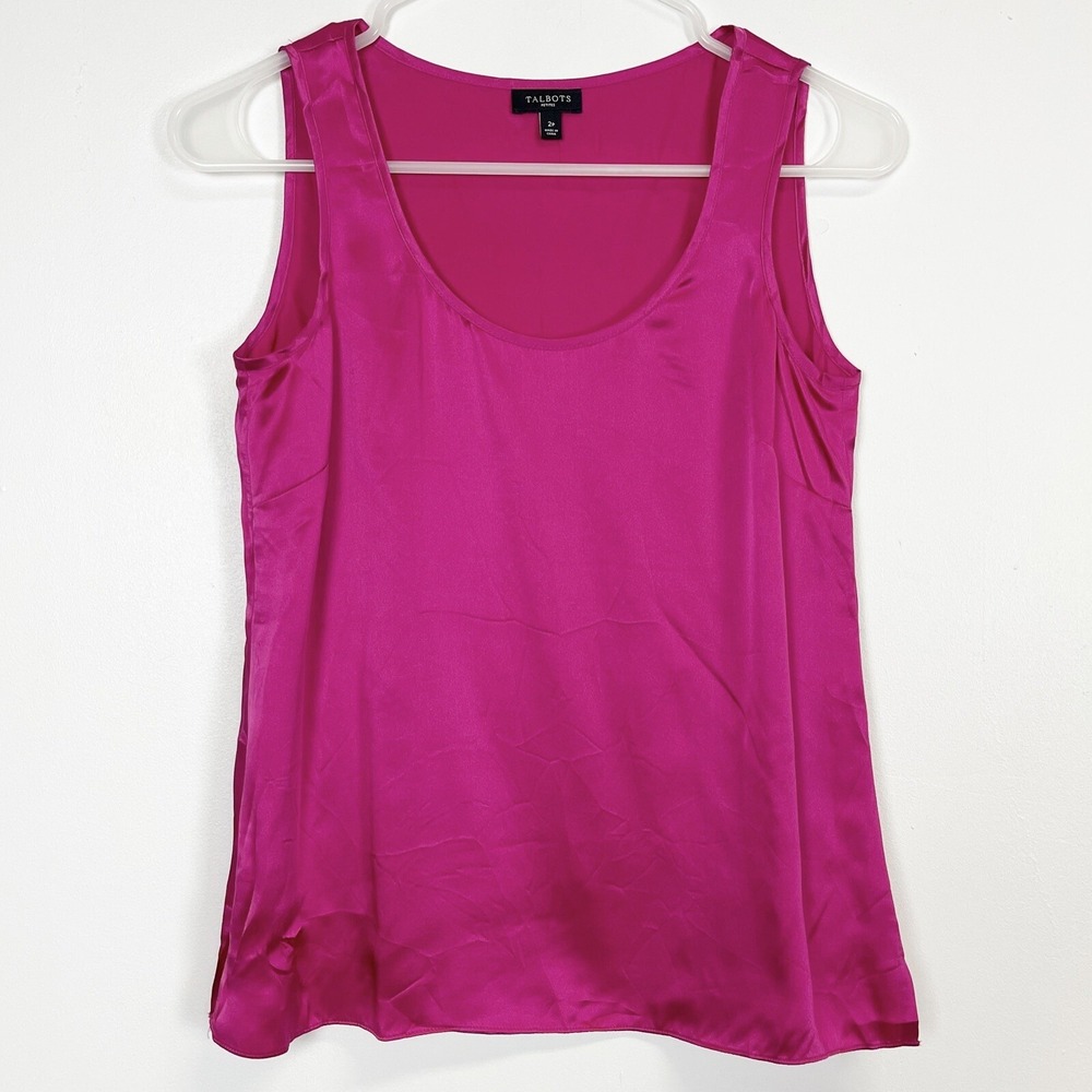 Talbots Sleeveless Blouse Womens 2P Petite Bright Pink Tank 100% Silk Scoop